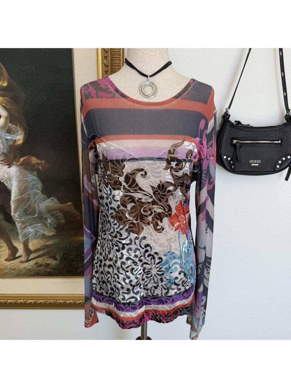 Vintage Mechant Whimsi Y2K Sheer Mesh Floral Velvet Top
